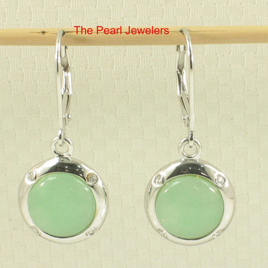 Solid Sterling Silver 925 Green Jade & CZ Leverback Earrings