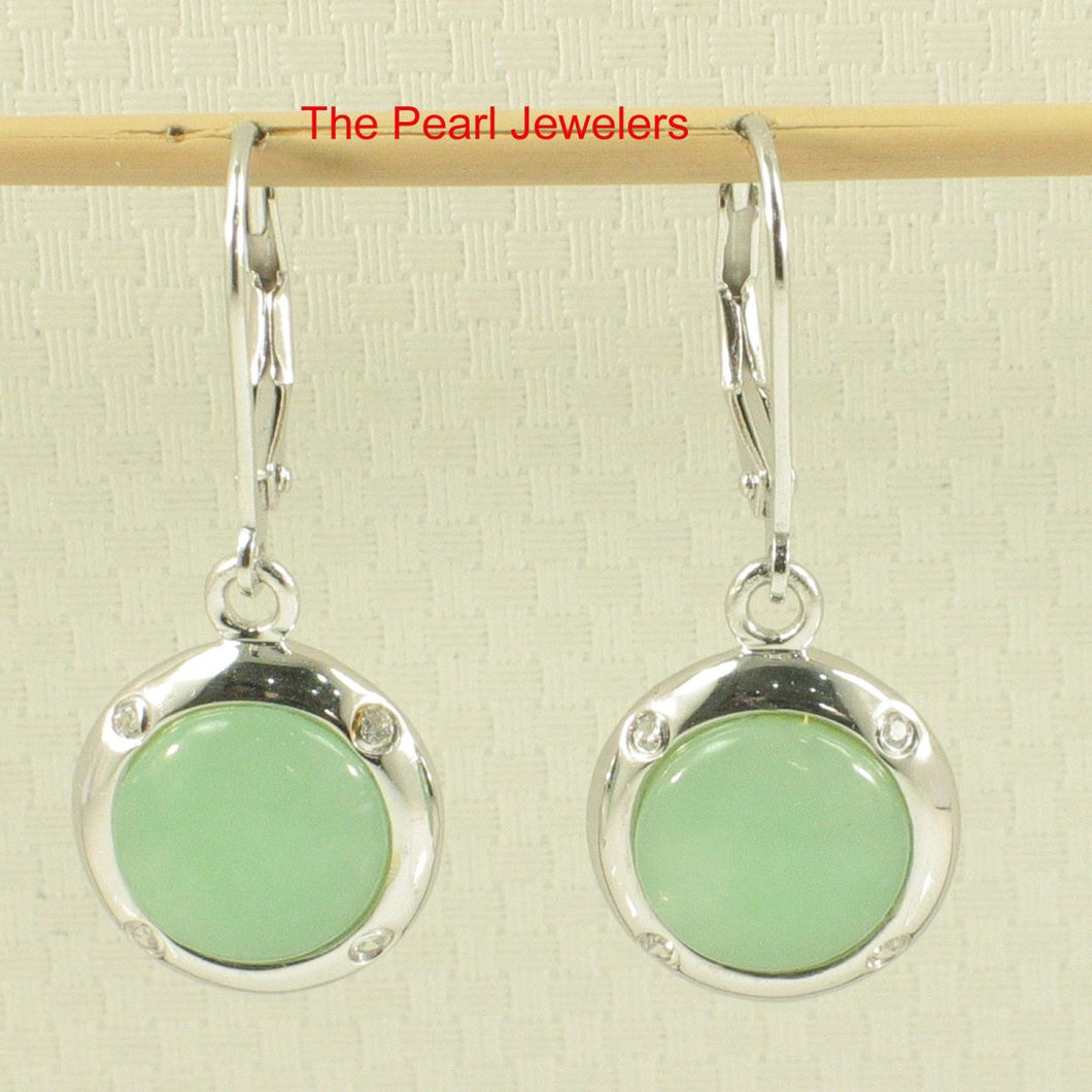 Solid Sterling Silver 925 Green Jade & CZ Leverback Earrings