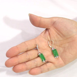 Solid Sterling Silver 925 Curved Green Jade Leverback Earrings