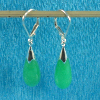 Solid Sterling Silver 925 Raindrop Green Jade Lever Back Earrings