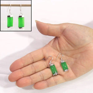 Solid Sterling Silver 925 Fish Hook Green Jade Dangle Earrings