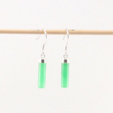 Solid Sterling Silver 925 Green Jade Tube Fish Hook Earrings