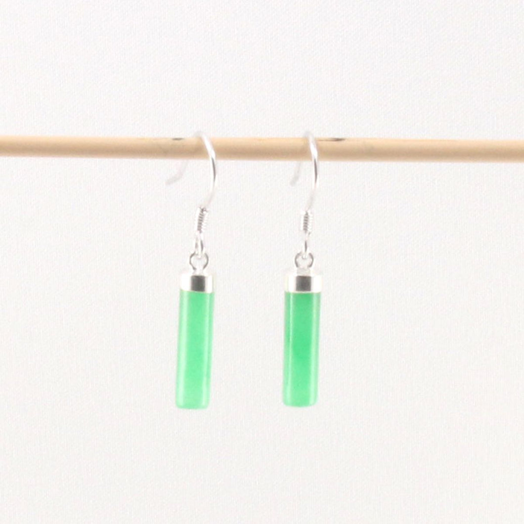 Solid Sterling Silver 925 Green Jade Tube Fish Hook Earrings