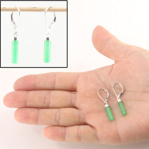 Solid Sterling Silver 925 Green Jade Tube Leverback Earrings