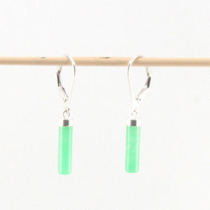 Solid Sterling Silver 925 Green Jade Tube Leverback Earrings