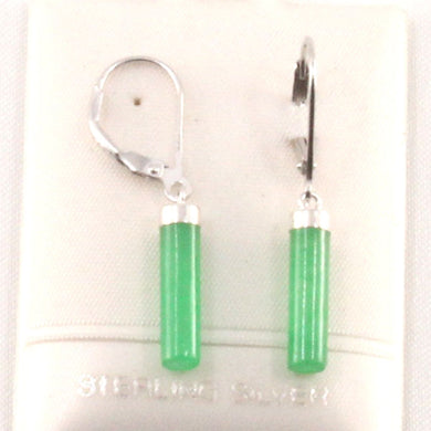 Solid Sterling Silver 925 Green Jade Tube Leverback Earrings