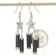 Load image into Gallery viewer, Solid Sterling Silver 925 Hawaiian Plumeria Black Onyx Tube Hook Earrings
