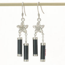Load image into Gallery viewer, Solid Sterling Silver 925 Hawaiian Plumeria Black Onyx Tube Hook Earrings