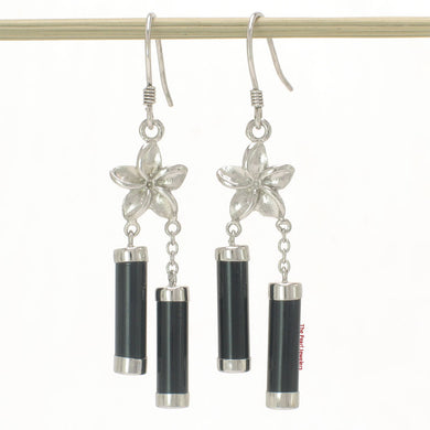 Solid Sterling Silver 925 Hawaiian Plumeria Black Onyx Tube Hook Earrings