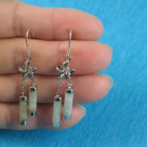 Solid Sterling Silver 925 Hawaiian Plumeria Green Jade Tube Hook Earrings