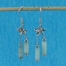 Load image into Gallery viewer, Solid Sterling Silver 925 Hawaiian Plumeria Green Jade Tube Hook Earrings