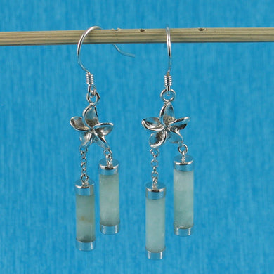 Solid Sterling Silver 925 Hawaiian Plumeria Green Jade Tube Hook Earrings