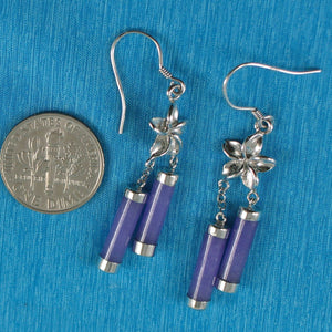 Solid Sterling Silver 925 Hawaiian Plumeria Lavender Jade Tube Hook Earrings
