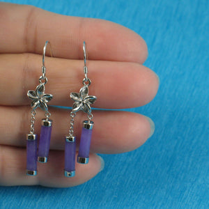 Solid Sterling Silver 925 Hawaiian Plumeria Lavender Jade Tube Hook Earrings