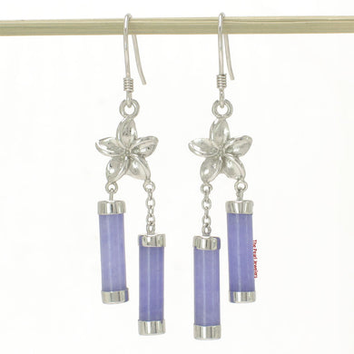 Solid Sterling Silver 925 Hawaiian Plumeria Lavender Jade Tube Hook Earrings