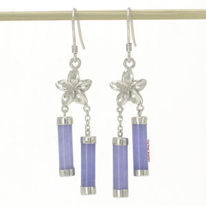 Solid Sterling Silver 925 Hawaiian Plumeria Lavender Jade Tube Hook Earrings