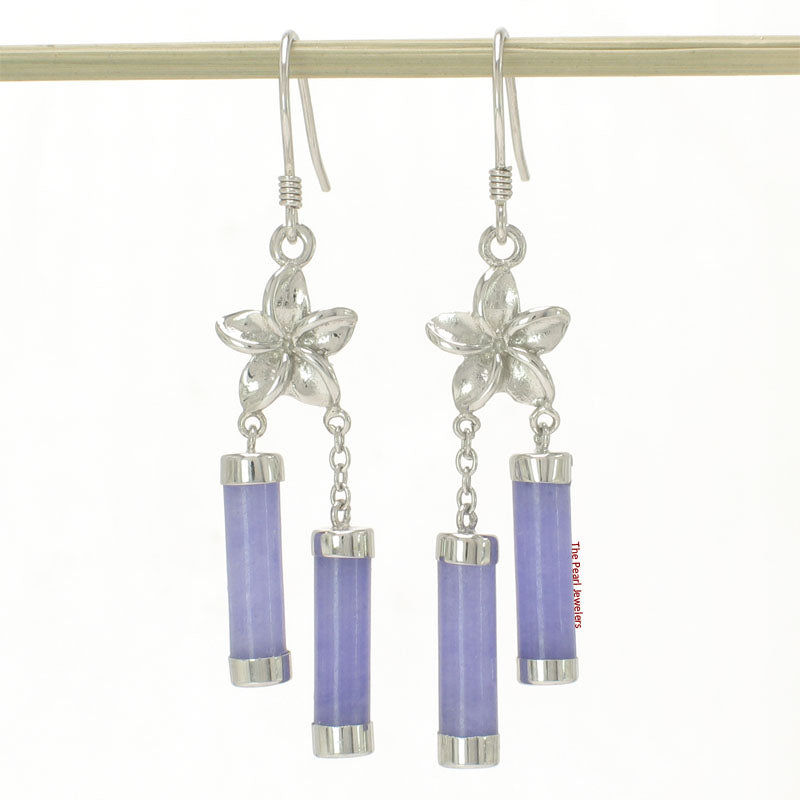 Solid Sterling Silver 925 Hawaiian Plumeria Lavender Jade Tube Hook Earrings