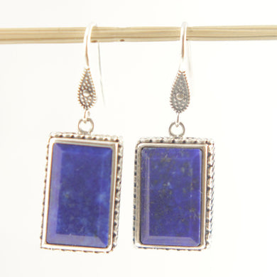 Solid Sterling Silver 925 Lapis Lazuli Antique Finish Hook Earrings