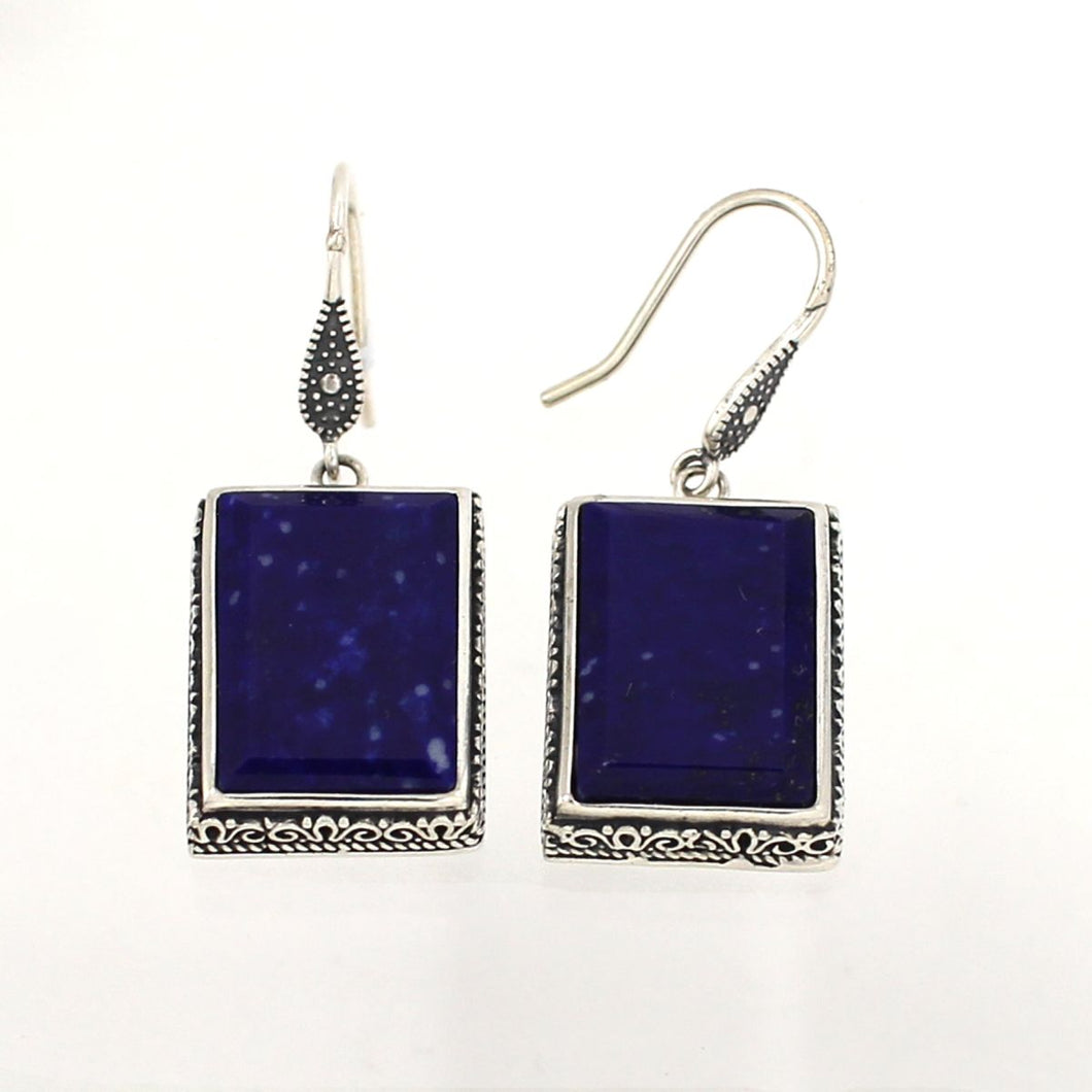 Solid Sterling Silver 925 Lapis Lazuli Antique Hook Earrings