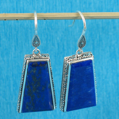 Solid Sterling Silver 925 Lapis Lazuli Antique Hook Earrings (Trapezoid 22mm)
