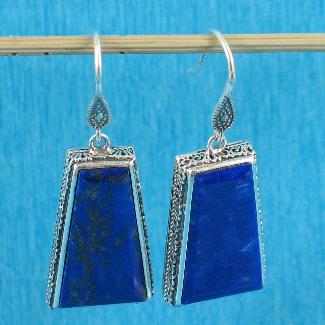 Solid Sterling Silver 925 Lapis Lazuli Antique Hook Earrings (Trapezoid 22mm)