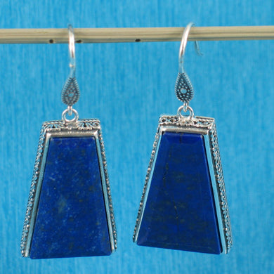 Solid Sterling Silver 925 Lapis Lazuli Antique Hook Earrings (Trapezoid 26mm, Wide)