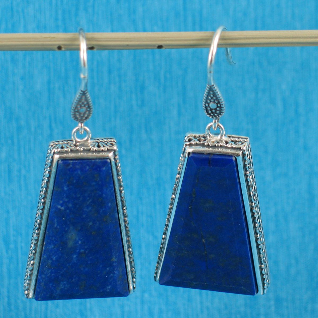 Solid Sterling Silver 925 Lapis Lazuli Antique Hook Earrings (Trapezoid 26mm, Wide)