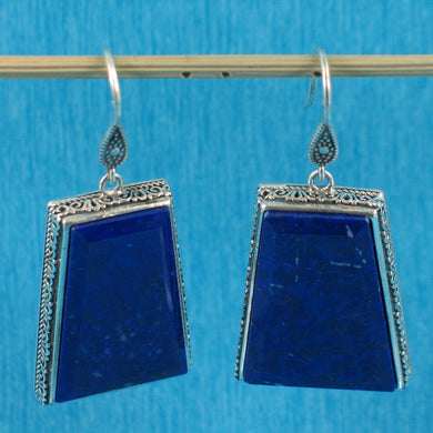 Solid Sterling Silver 925 Lapis Lazuli Antique Hook Earrings (Trapezoid 26mm, Extra Wide)