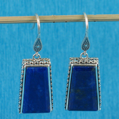 Solid Sterling Silver 925 Lapis Lazuli Antique Hook Earrings (Trapezoid 20mm)