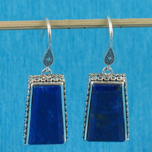 Solid Sterling Silver 925 Lapis Lazuli Antique Hook Earrings (Trapezoid 20mm)