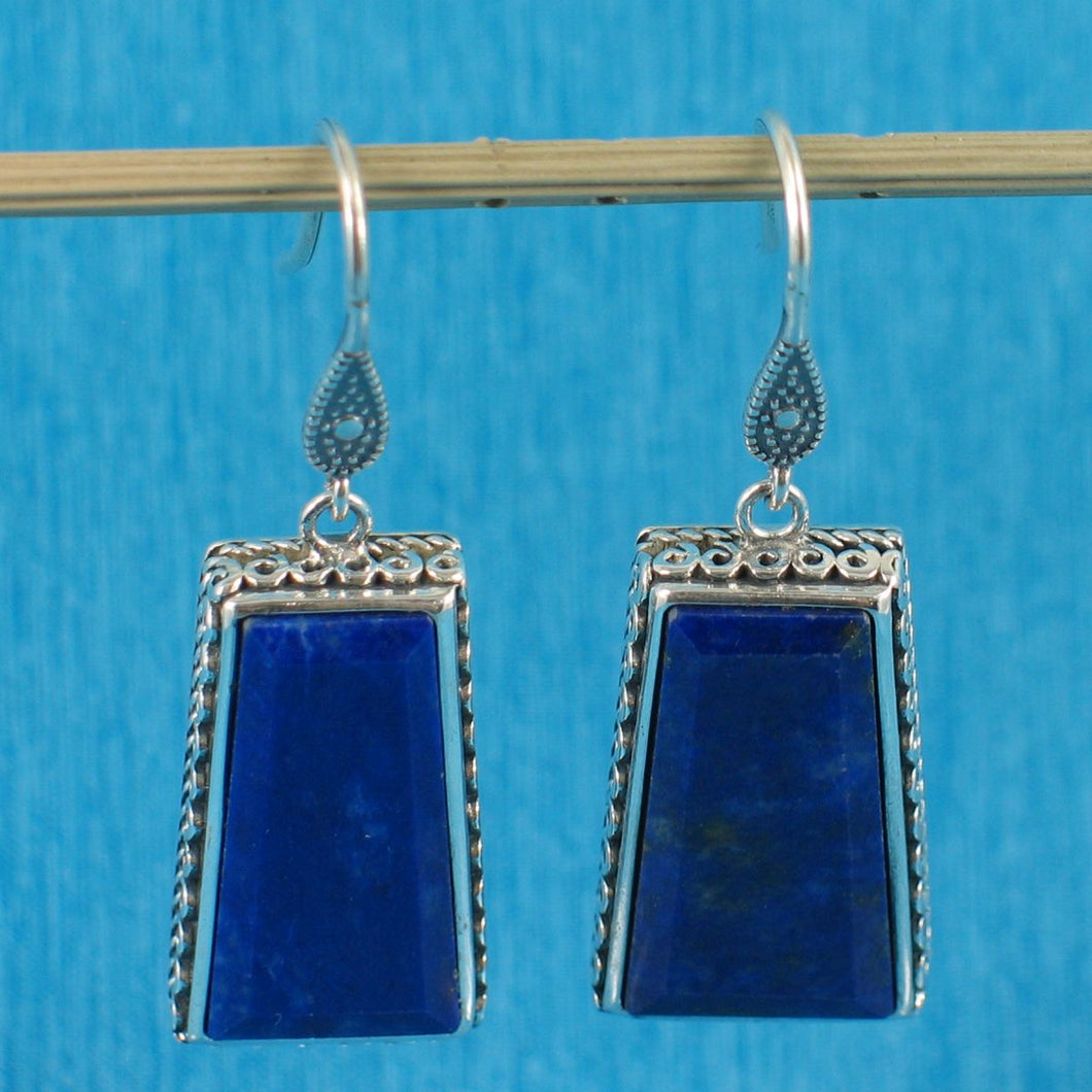 Solid Sterling Silver 925 Lapis Lazuli Antique Hook Earrings (Trapezoid 20mm)