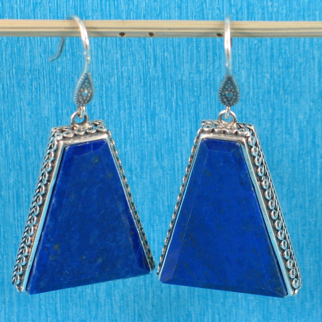 Solid Sterling Silver 925 Lapis Lazuli Antique Hook Earrings (Trapezoid 29mm)