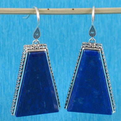 Solid Sterling Silver 925 Lapis Lazuli Antique Hook Earrings (Trapezoid 29mm, Wide)