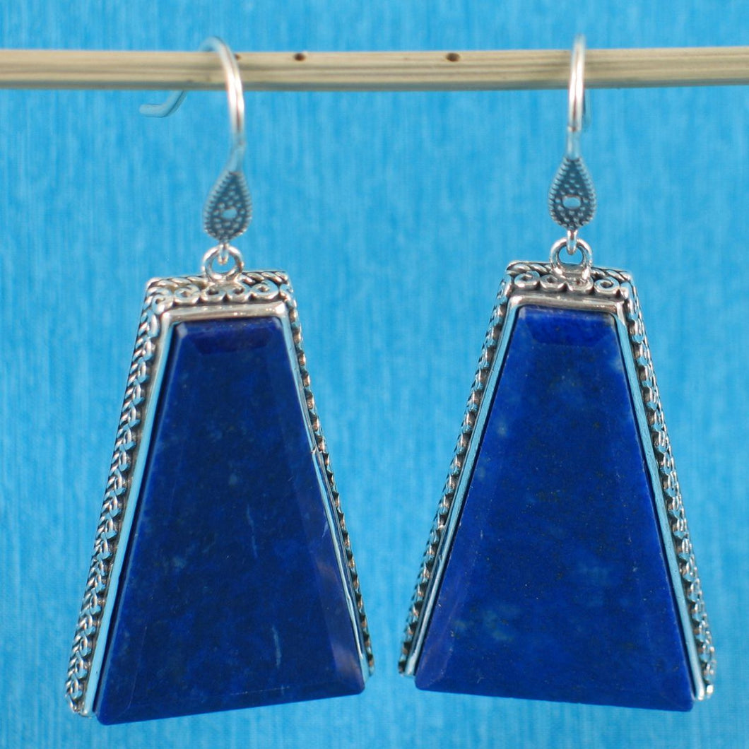 Solid Sterling Silver 925 Lapis Lazuli Antique Hook Earrings (Trapezoid 29mm, Wide)