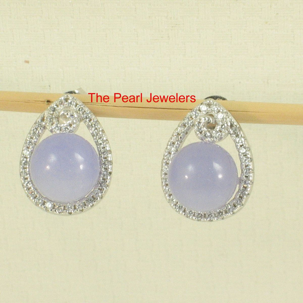 Solid Sterling Silver 925 Lavender Jade & CZ Flower Stud Earrings
