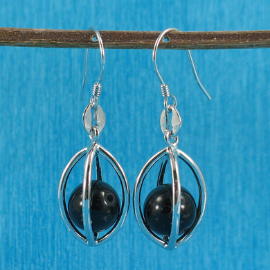 Solid Sterling Silver 925 Lucky Lantern Black Obsidian Hook Earrings