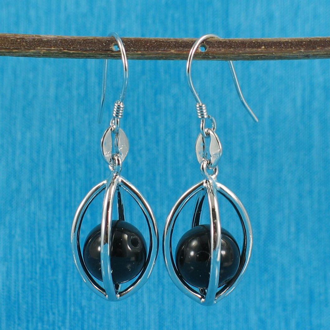 Solid Sterling Silver 925 Lucky Lantern Black Obsidian Hook Earrings