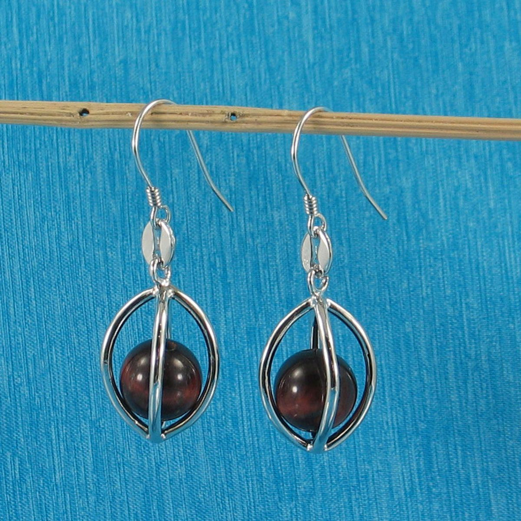 Solid Sterling Silver 925 Lucky Lantern Red Tiger Eye Hook Earrings