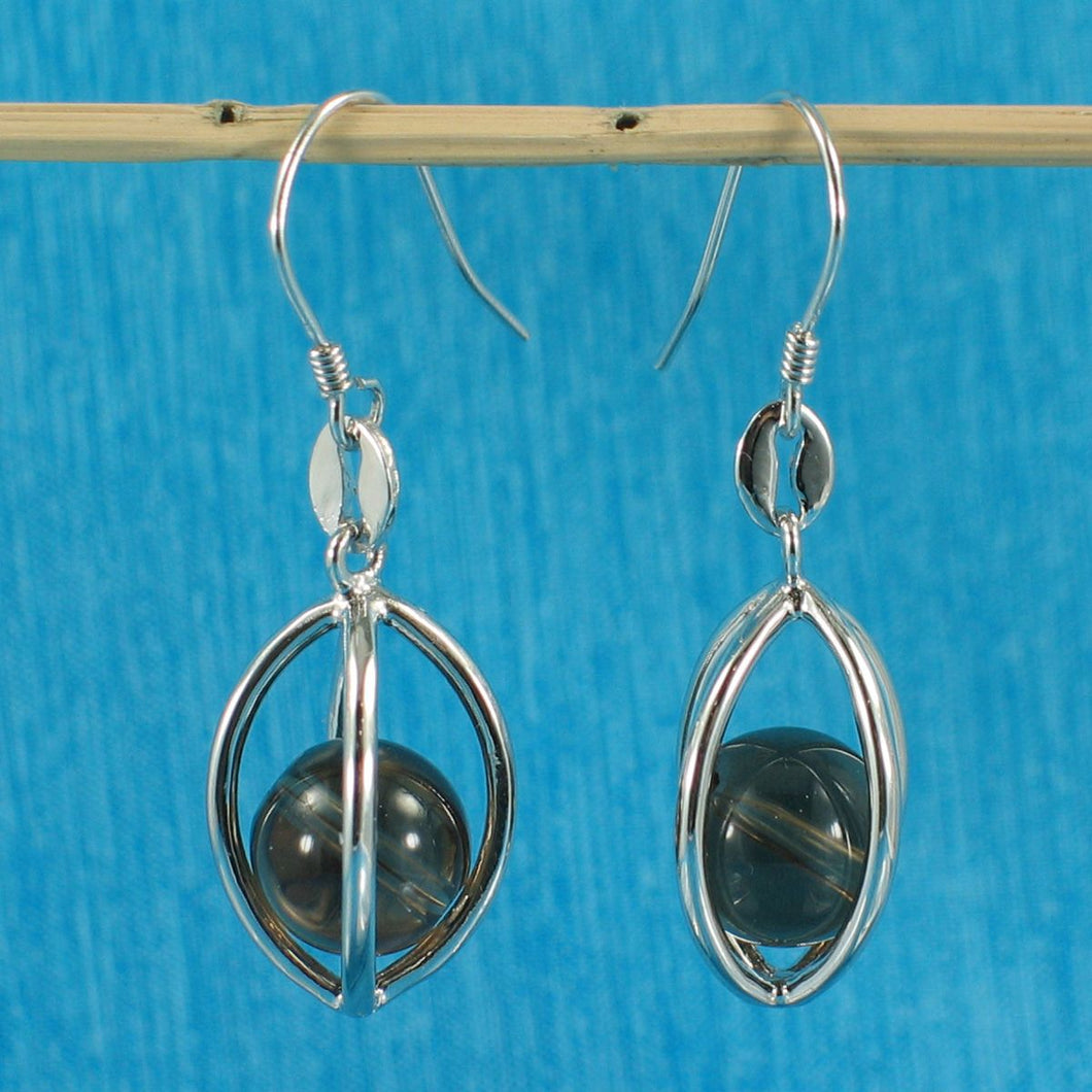 Solid Sterling Silver 925 Lucky Lantern Smoky Quartz Hook Earrings