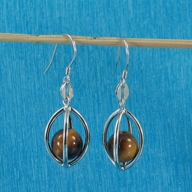 Solid Sterling Silver 925 Lucky Lantern Tiger Eye Hook Earrings