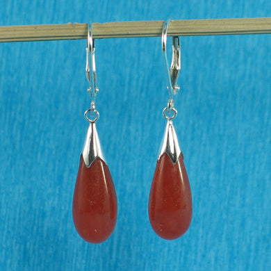 Solid Sterling Silver 925 Raindrop Red Jade Lever Back Earrings