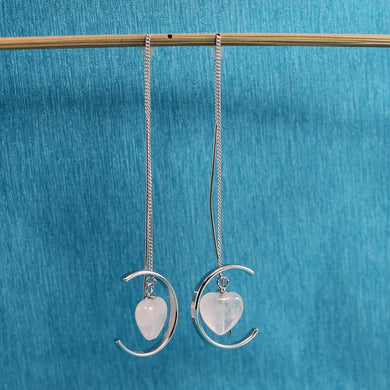 Solid Sterling Silver 925 Rose Quartz Heart Threader Earrings