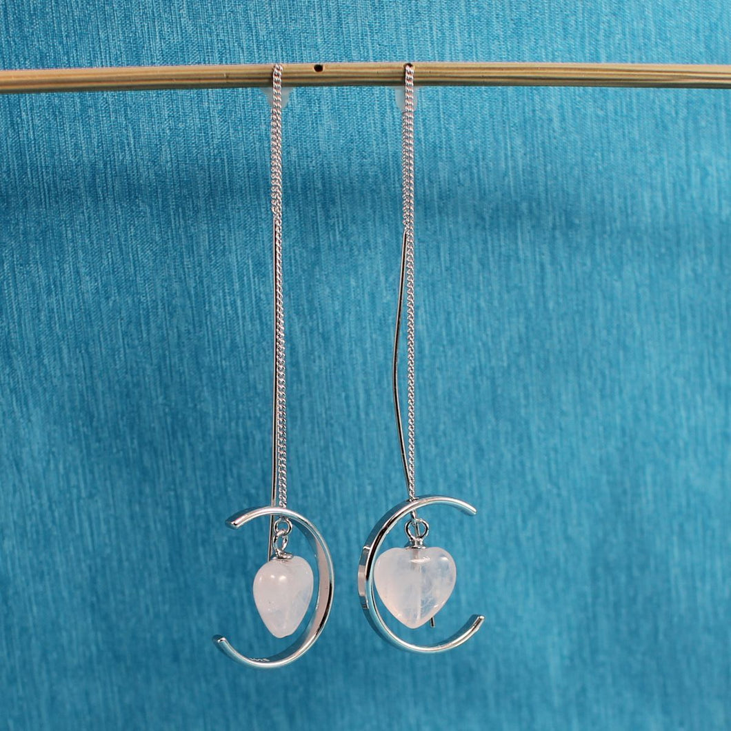 Solid Sterling Silver 925 Rose Quartz Heart Threader Earrings