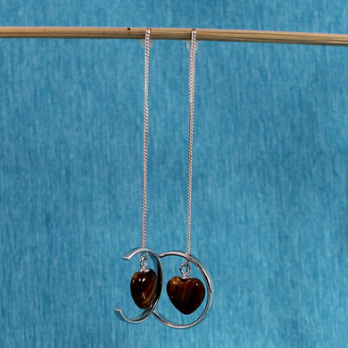 Solid Sterling Silver 925 Tiger Eye Heart Threader Earrings