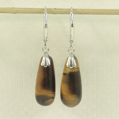 Solid Sterling Silver 925 Raindrop Tiger Eye Leverback Earrings
