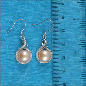 Sterling Silver Peach Pearl CZ Hook Earrings (50 CZ)