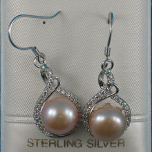 Load image into Gallery viewer, Sterling Silver Peach Pearl CZ Hook Earrings (50 CZ)
