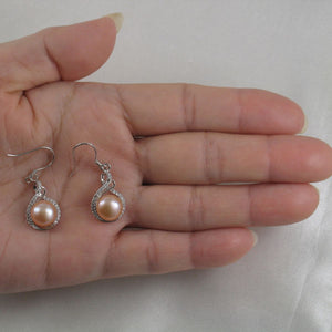 Sterling Silver Peach Pearl CZ Hook Earrings (50 CZ)