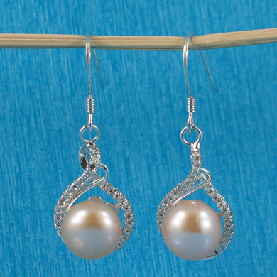 Sterling Silver Peach Pearl CZ Hook Earrings (50 CZ)