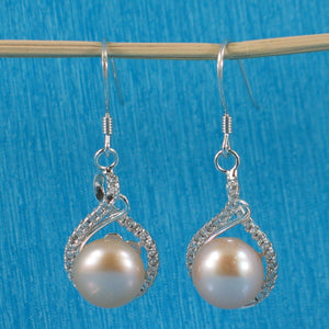 Sterling Silver Peach Pearl CZ Hook Earrings (50 CZ)